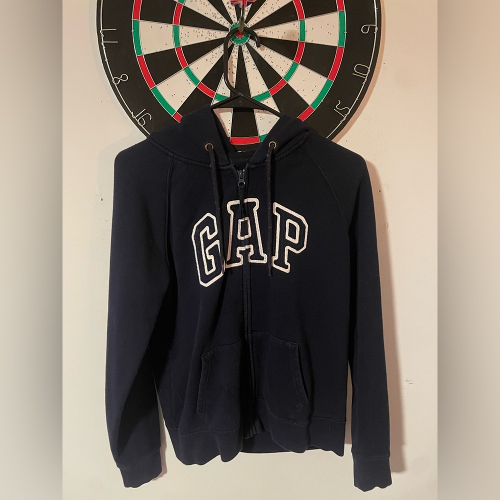 Navy blue Gap zip-up hoodie with white accents